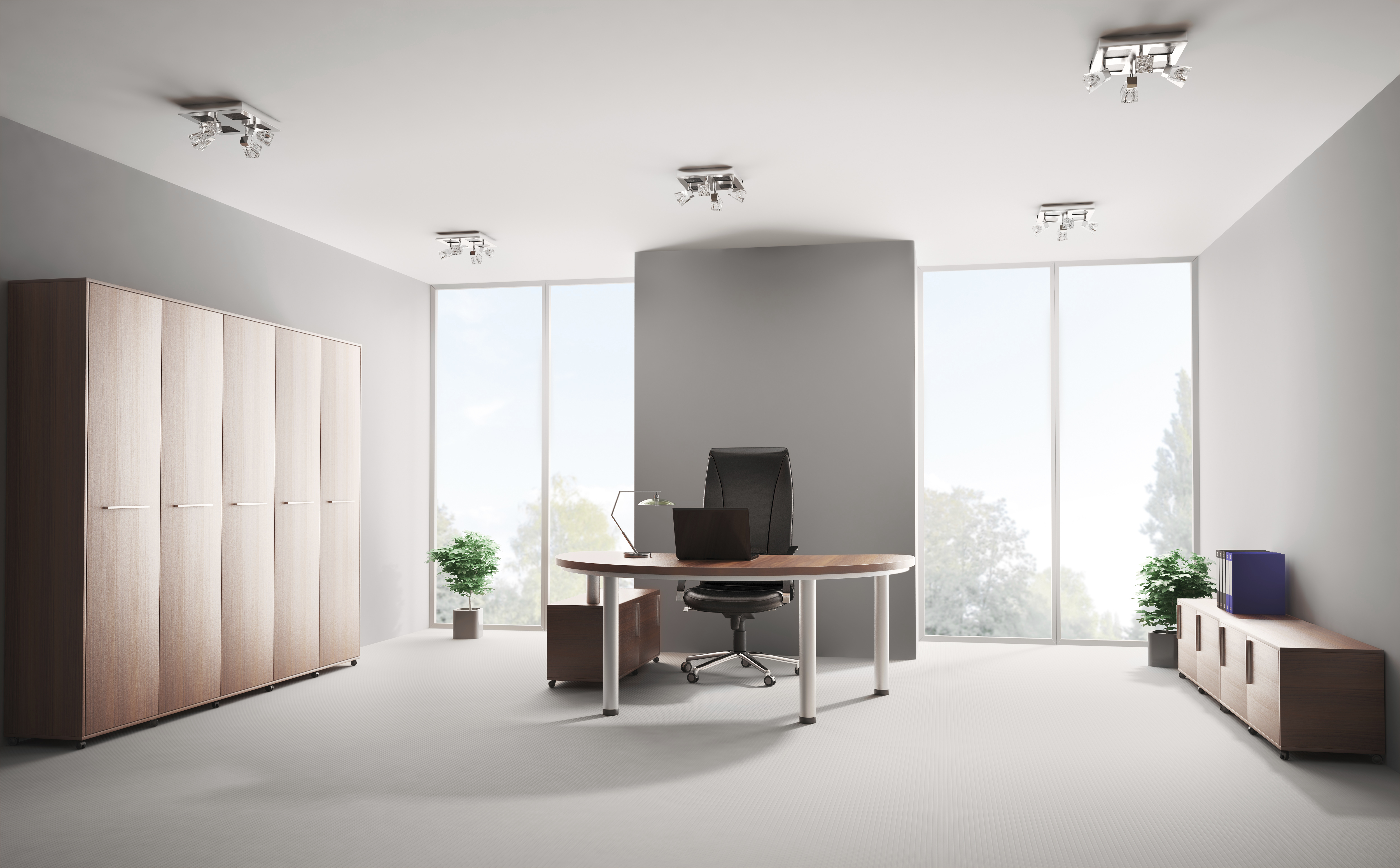 Modern office with wooden furniture interior 3d